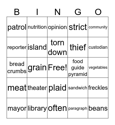 Vocabulary Bingo Card