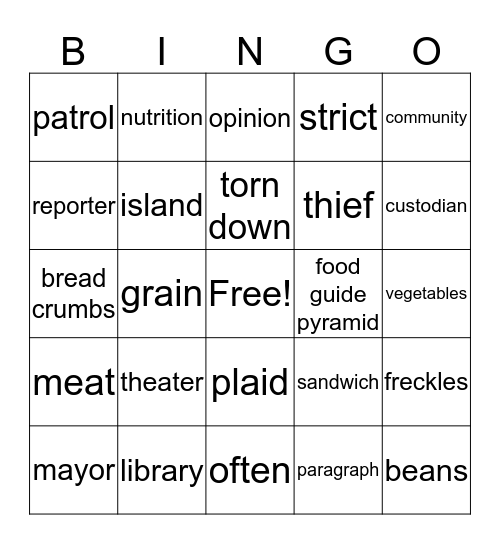 Vocabulary Bingo Card