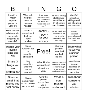 Mental Health Bingo Card