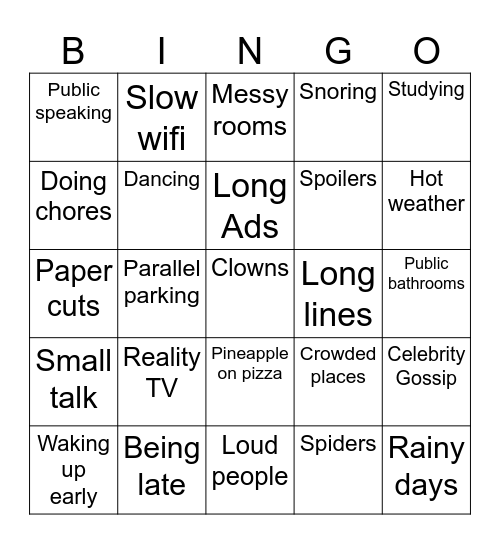 Things I hate Bingo Card