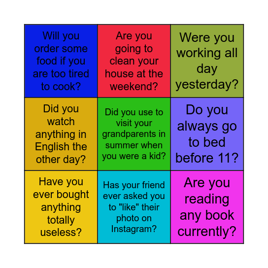 Negative questions Bingo Card