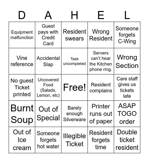 Dining Room Bingo Card