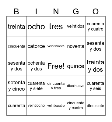 Los Numeros  del 1 al 100 Bingo Card