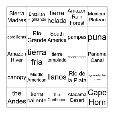Latin America Physical Geography Bingo Card