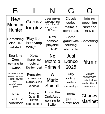 Nintendo Direct 2024 Bingo Card