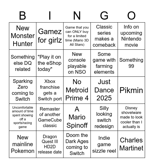 Nintendo Direct 2024 Bingo Card