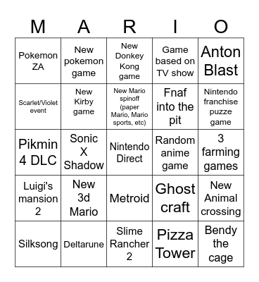 Nintendo direct Bingo Card