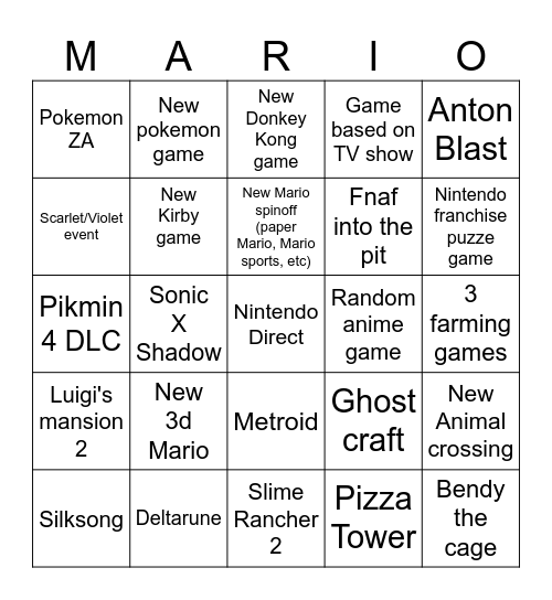 Nintendo direct Bingo Card