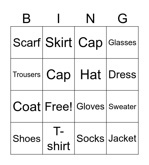 Clothes Bingo Card