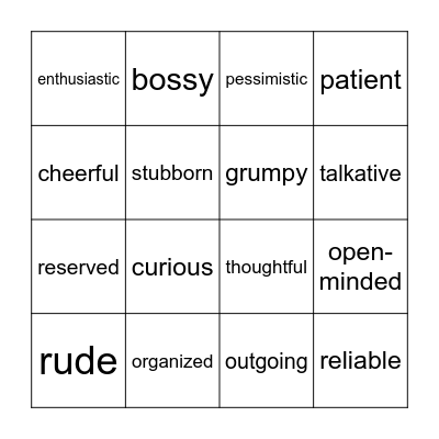 Personality Adjectives Bingo Card