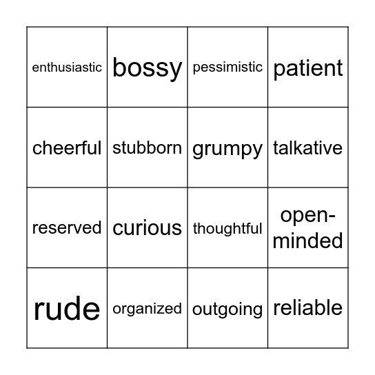Personality Adjectives Bingo Card