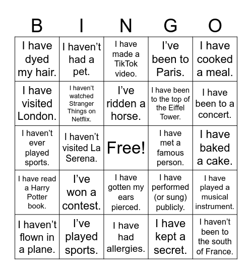 Present Perfect Bingo Card