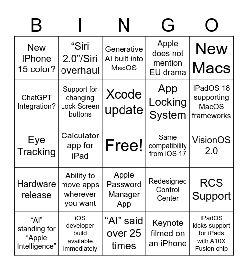 WWDC24 Bingo Card