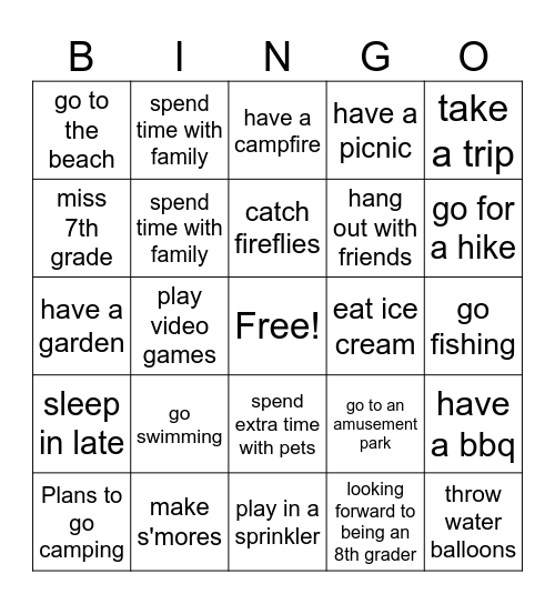 End of School Year Bingo Card