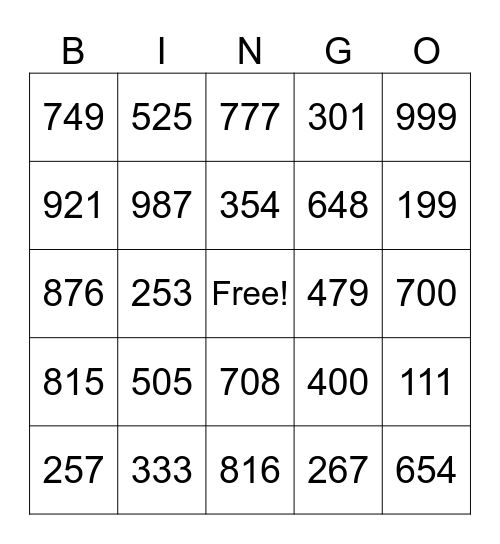 Zahlen 100 - 1000 Bingo Card
