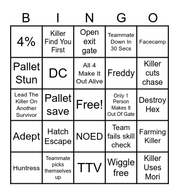 Dead By Daylight Bingo Card
