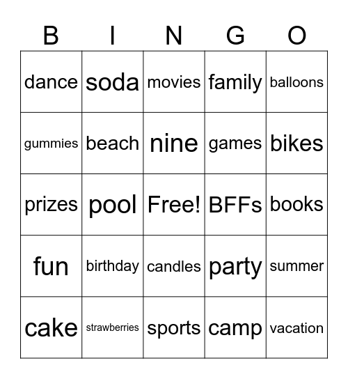 Charlotte's Birthday Bingo Card