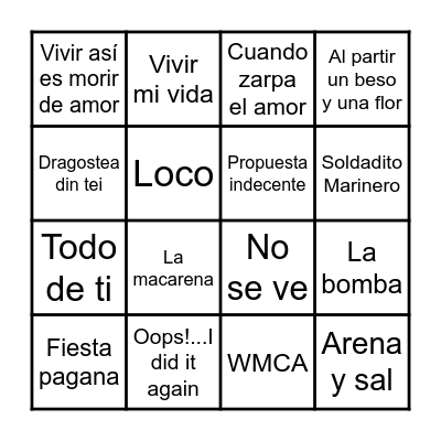 BINGO MUSICAL LA TORTUGA Bingo Card