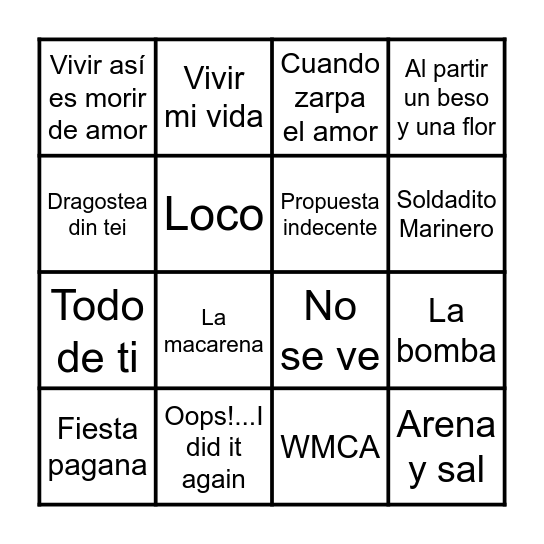 BINGO MUSICAL LA TORTUGA Bingo Card