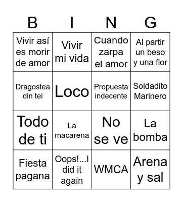 Bingo Musical La Tortuga Bingo Card