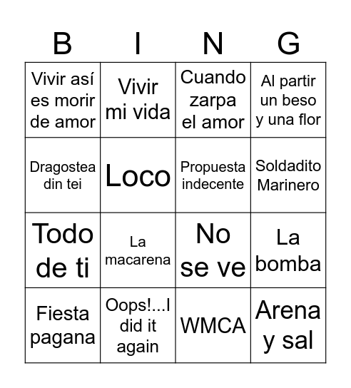 Bingo Musical La Tortuga Bingo Card