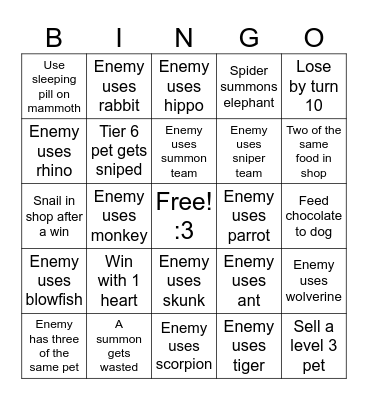 Super Auto Pets Turtle Pack Bingo! Bingo Card