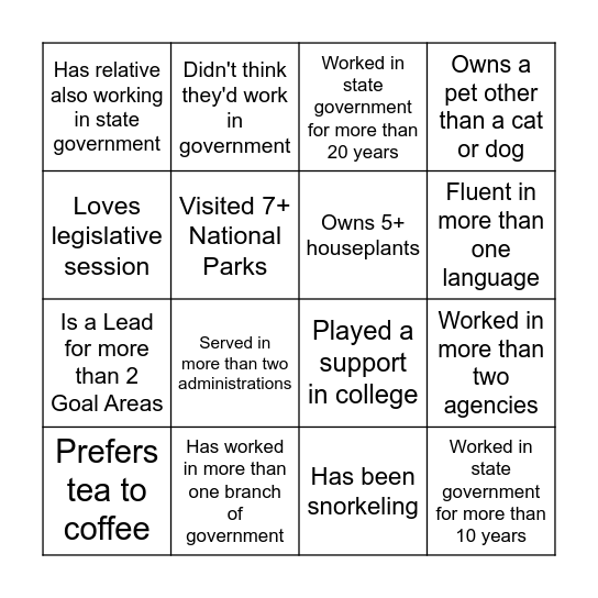 State Government People Bingo Card