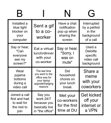 Remote Work Bingo Card