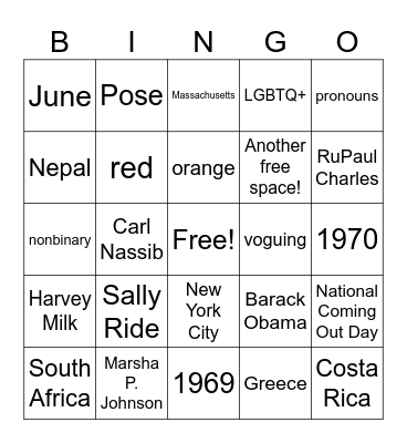 Pride Month Bingo Card