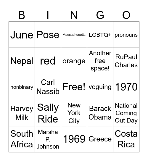 Pride Month Bingo Card