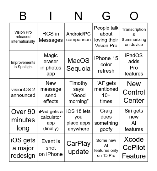 WWDC '24 Bingo Card