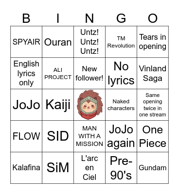 Anime Music Quiz Bingo Card