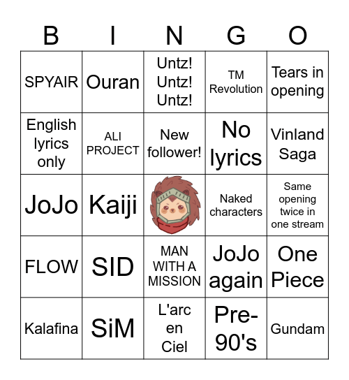 Anime Music Quiz Bingo Card