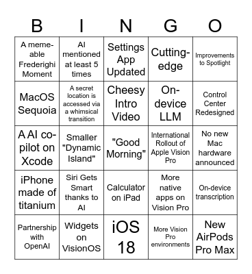 WWDC 2024 Bingo Card
