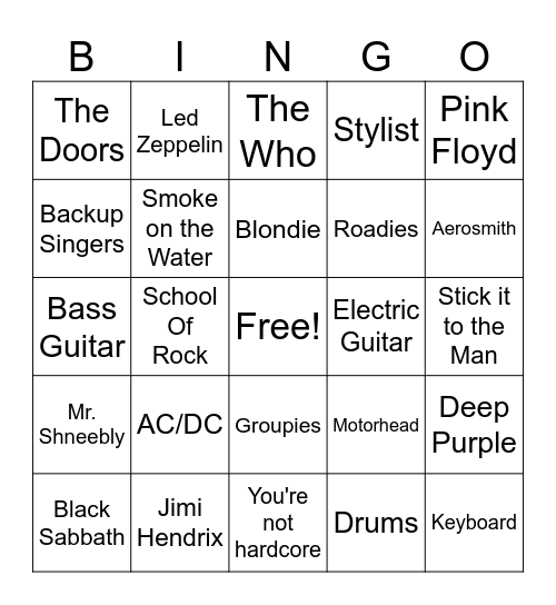 School of Rock Bingo Card