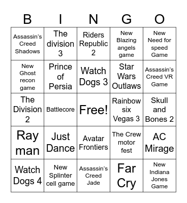 Ubisoft Forward Showcase Bingo Card