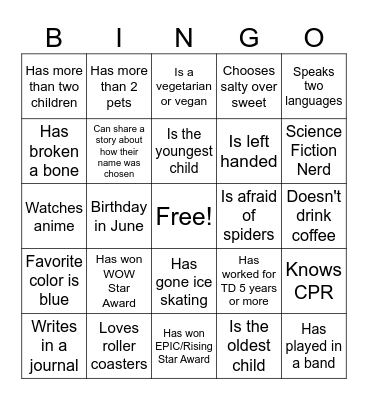 Get To Know You Bingo Card