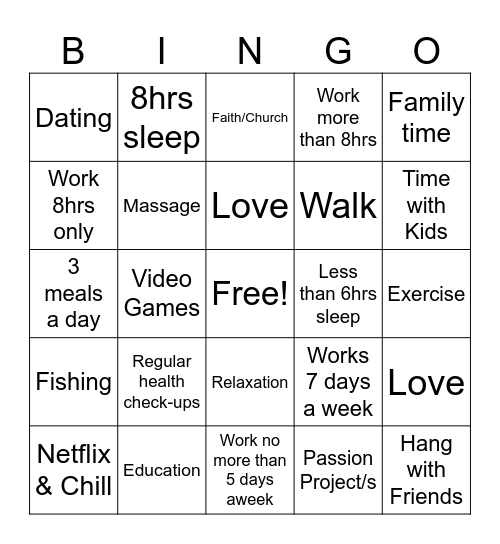 Work-Life Bingo Card