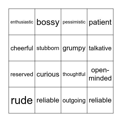 Personality Adjectives Bingo Card