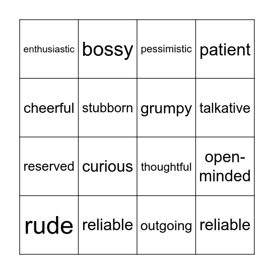 Personality Adjectives Bingo Card