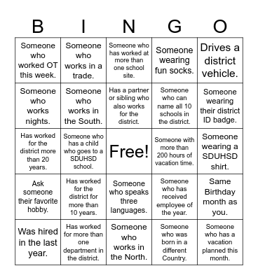 Maintenance and Operations Bingo Card