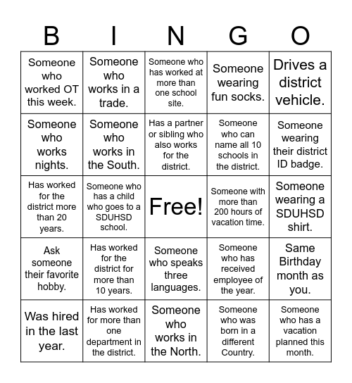 Maintenance and Operations Bingo Card