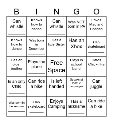 Get to know you BINGO Card