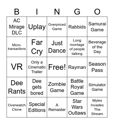 Ubisoft Forward 2024 Bingo Card