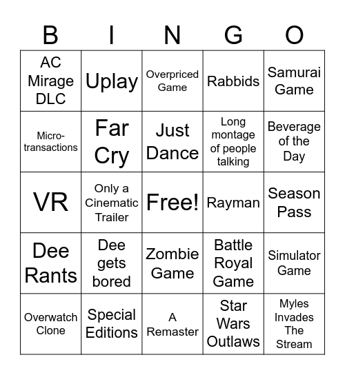 Ubisoft Forward 2024 Bingo Card