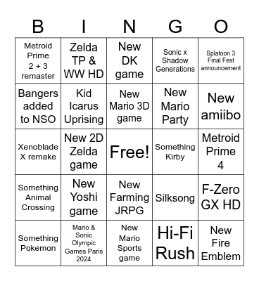 Nintendo Direct June 2024 Bingo Card