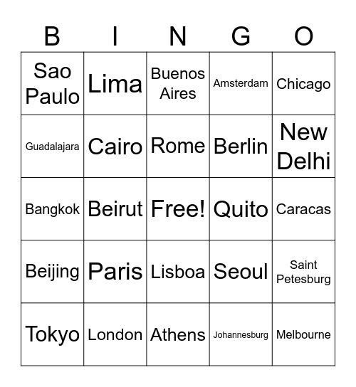 Cities Bingo Card