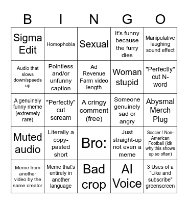"Offensive" meme comp bingo Card
