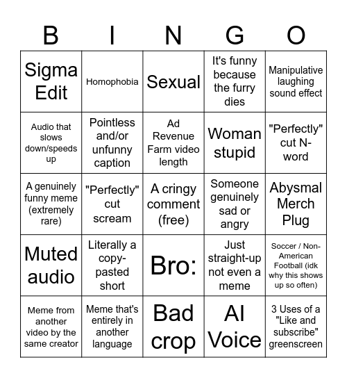 "Offensive" meme comp bingo Card