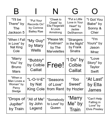 Love Songs Bingo Card